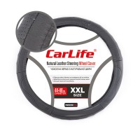 Чехол на руль CarLife 44-46 см кожаный, черный