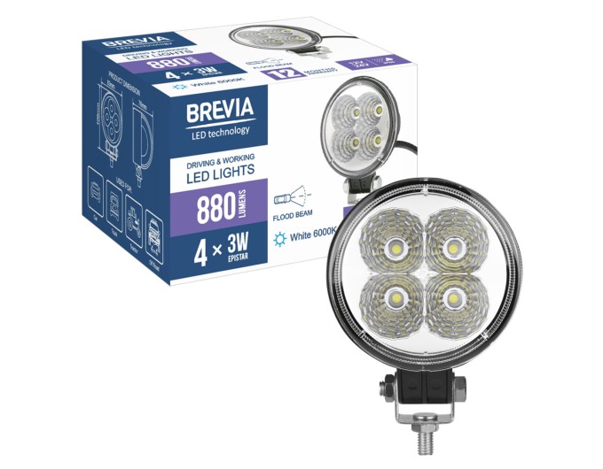 Фара світлодіодна Brevia Epistar Flood 10-30V, 12W (4x3W), 880Lm, 1шт, ціна: 237 грн.