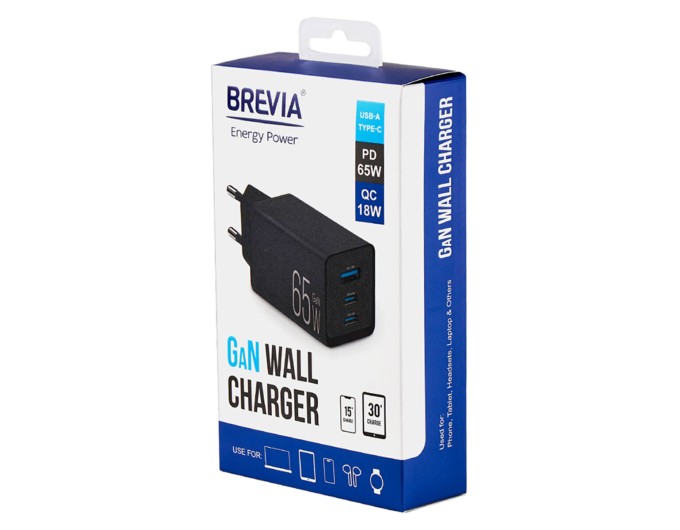 Сетевое зарядное устройство Brevia ePowerGaN PD65W 2xUSB-C+USB-A черный, цена: 1 214 грн.