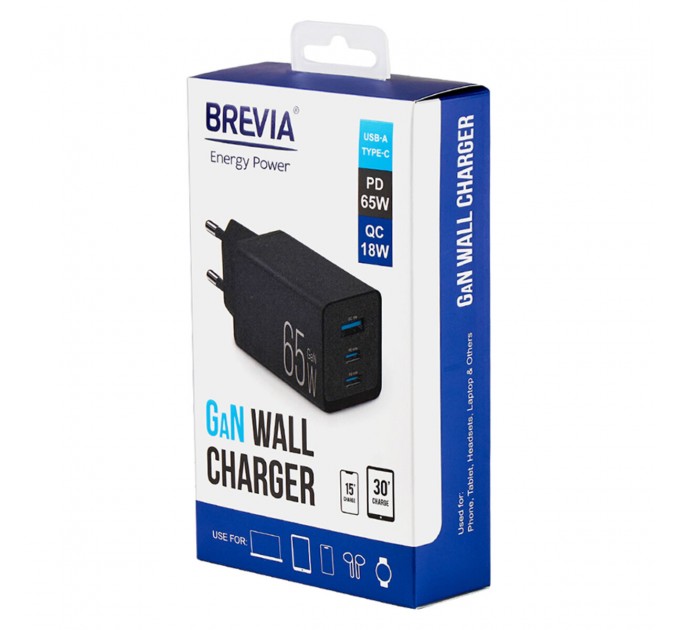 Сетевое зарядное устройство Brevia ePowerGaN PD65W 2xUSB-C+USB-A черный, цена: 1 187 грн.