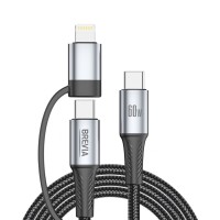 Кабель Brevia Type-C to Type-C/Lightning 60W 1,2м, черный box