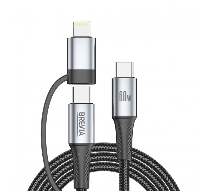 Кабель Brevia Type-C to Type-C/Lightning 60W 1,2м, черный box, цена: 323 грн.