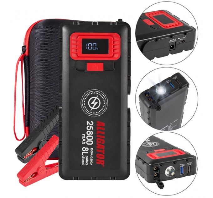 Пусковое устройство Alligator Jump Starter 1500A/2500A 25800mAh со Smart-клемами и беспроводной зарядкой, цена: 5 332 грн.