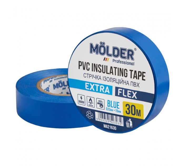 Стрічка ізоляційна ПВХ Molder 0,13x19мм 30м синя, професійна, вогнетривка, ціна: 53 грн.