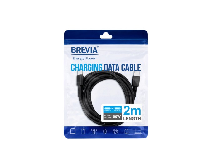 Кабель Brevia Type-C to Type-C 60W 2м, чорний ZIP, ціна: 164 грн.