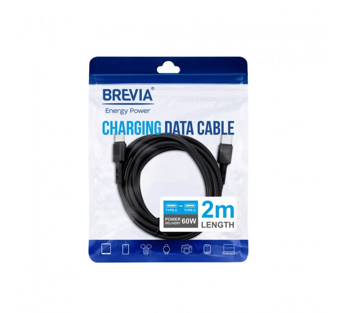Кабель Brevia Type-C to Type-C 60W 2м, черный ZIP, цена: 160 грн.