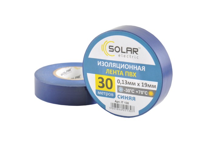 Стрічка ізоляційна ПВХ Solar, 0.13mm x 19mm, 30м, синя, ціна: 48 грн.