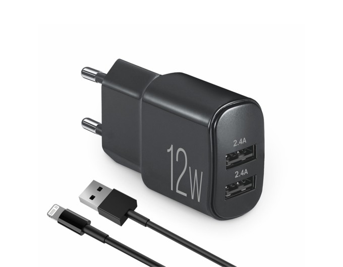 Сетевое зарядное устройство Brevia ePower 12W 2xUSB-A + кабель USB-A to Lightning 1м черный, цена: 326 грн.