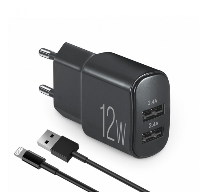 Сетевое зарядное устройство Brevia ePower 12W 2xUSB-A + кабель USB-A to Lightning 1м черный, цена: 319 грн.