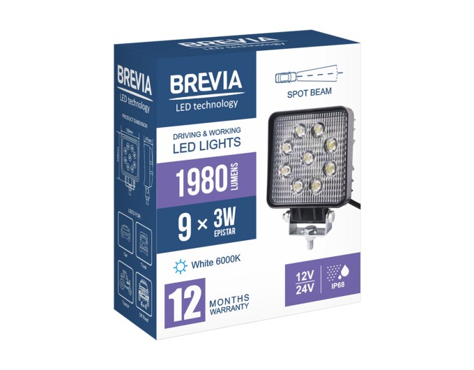Фара светодиодная Brevia Epistar Spot 10-30V, 27W (9x3W), 1980Lm, 1шт, цена: 430 грн.