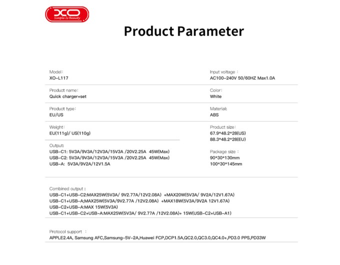Сетевое зарядное устройство XO L117 PD45W/QC18W 2USB-C+1USB-A белый, цена: 599 грн.