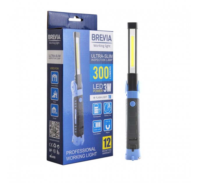 Фонарь инспекционный Brevia LED Ultra-slim 3W COB+1W LED 300lm, 2000mAh, microUSB, цена: 685 грн.
