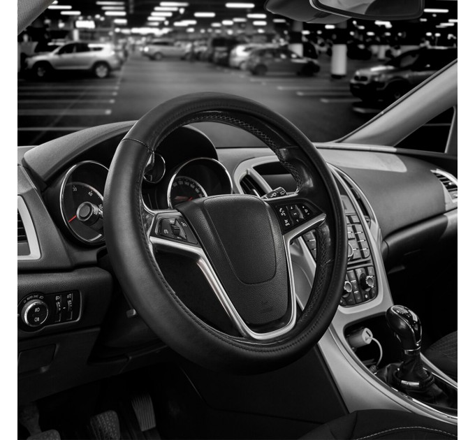 Чохол на кермо Carlife 39-41см, шкіра, чорний, біла гума, один шов SW340L, ціна: 604 грн.