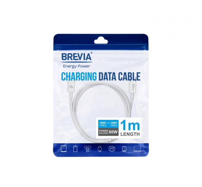 Кабель Brevia Type-C to Type-C 60W 1м, белый ZIP, цена: 127 грн.