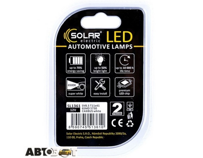LED лампа SOLAR SV8.5 T11x41 12V 6SMD 5730 CANBUS white SL1361 (2 шт.), ціна: 95 грн.