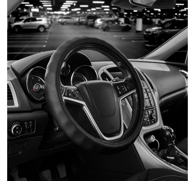 Чохол на кермо Carlife 39-41см, шкіра, чорний, біла гума, один шов SW342L, ціна: 611 грн.