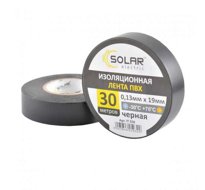 Стрічка ізоляційна ПВХ Solar, 0.13mm x 19mm, 30м, чорна, ціна: 48 грн.