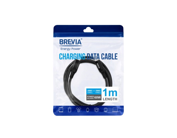 Кабель Brevia Type-C to Type-C 60W 1м, чорний ZIP, ціна: 171 грн.
