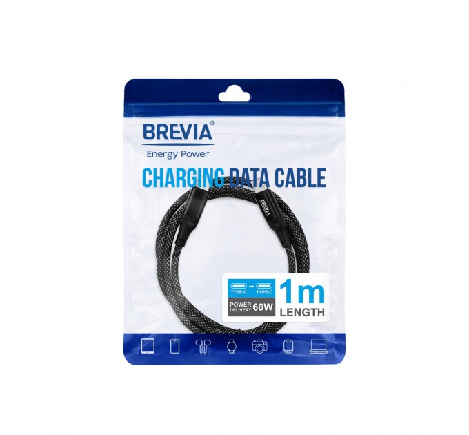 Кабель Brevia Type-C to Type-C 60W 1м, черный ZIP, цена: 167 грн.