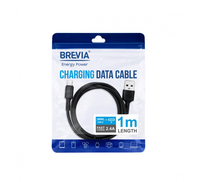 Кабель Brevia USB to Lightning 2,4A 1м, черный ZIP, цена: 71 грн.