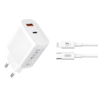 Сетевое зарядное устройство XO L116 PD30W/QC18W 1USB-C+1USB-A + Lightning кабель белый