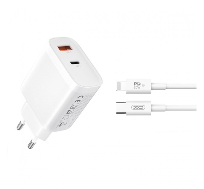 Сетевое зарядное устройство XO L116 PD30W/QC18W 1USB-C+1USB-A + Lightning кабель белый, цена: 299 грн.