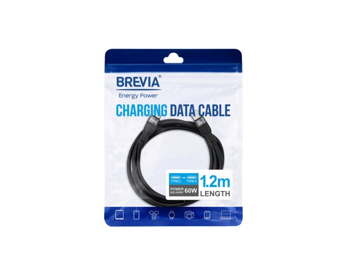Кабель Brevia Type-C to Type-C 60W 1,2м, чорний ZIP, ціна: 154 грн.