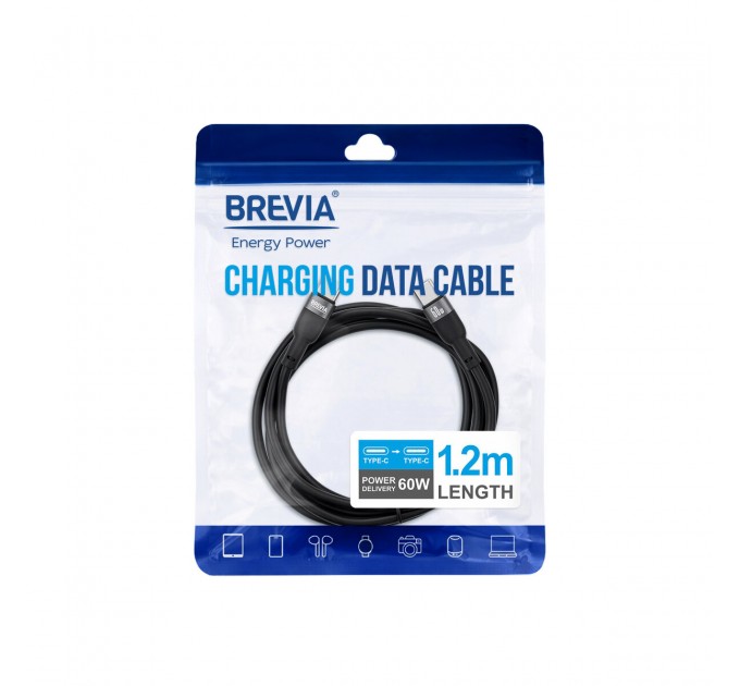 Кабель Brevia Type-C to Type-C 60W 1,2м, черный ZIP, цена: 150 грн.