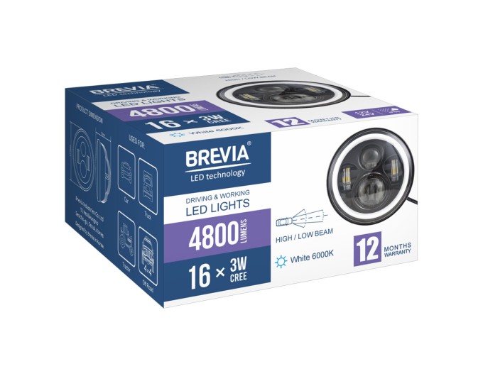 Фара светодиодная Brevia 60W (4x5W ETI+DRL), 4800Lm/2160Lm, 6000K, 177x70мм 1шт, цена: 1 221 грн.