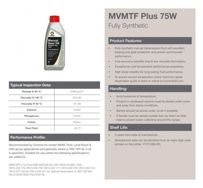 Трансмиссионное масло Comma MVMTF PLUS 75W-90 FS 1л, цена: 777 грн.