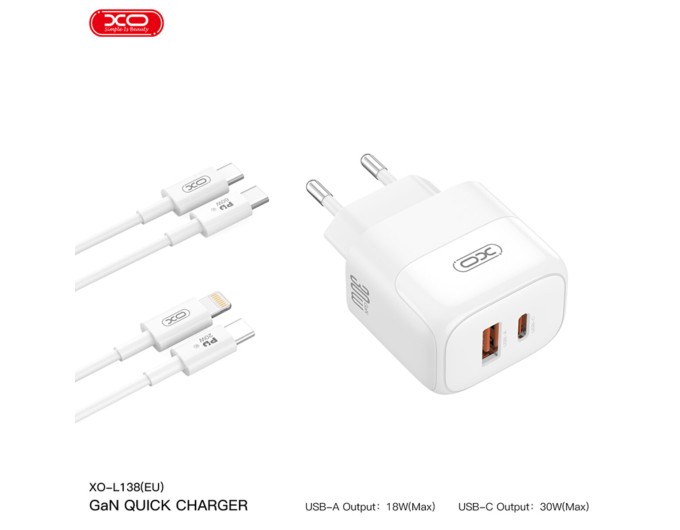 Сетевое зарядное устройство XO L138 PD30W/QC18W 1USB-A+1USB-C + Lightning кабель белый, цена: 439 грн.