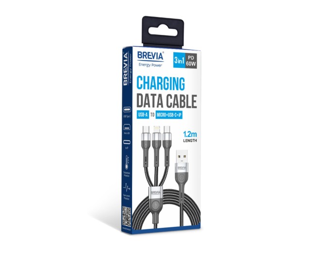 Кабель Brevia 3in1 USB to Lightning+Micro+Type-C 3A 1,2м, чорний, ціна: 290 грн.
