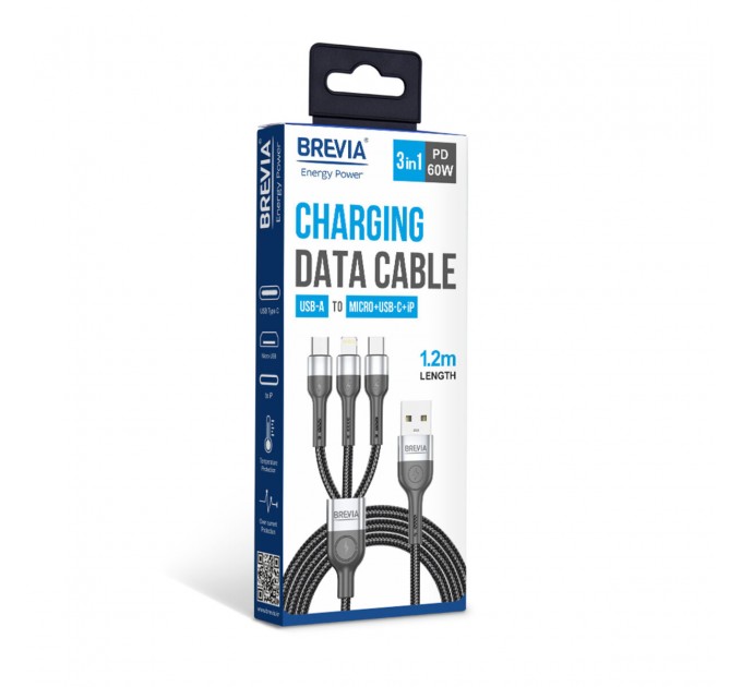 Кабель Brevia 3in1 USB to Lightning+Micro+Type-C 3A 1,2м, черный, цена: 284 грн.