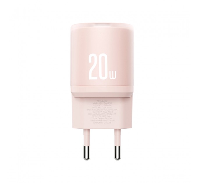 Сетевое зарядное устройство XO L144 PD20W 1USB-A+1USB-C pink, цена: 229 грн.