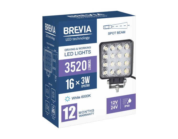 Фара светодиодная Brevia Epistar white Spot 10-30V, 48W (16x3W), 3520Lm, 1шт, цена: 595 грн.