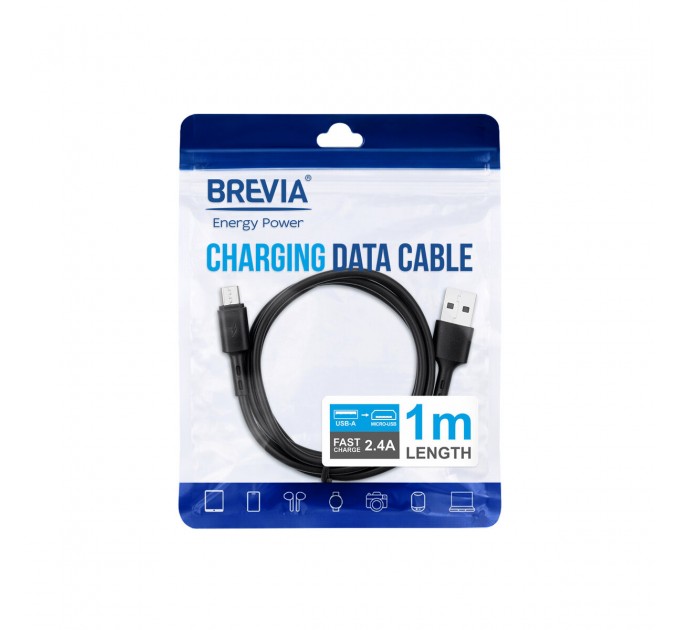 Кабель Brevia USB to Micro 2,4A 1м, черный ZIP, цена: 52 грн.