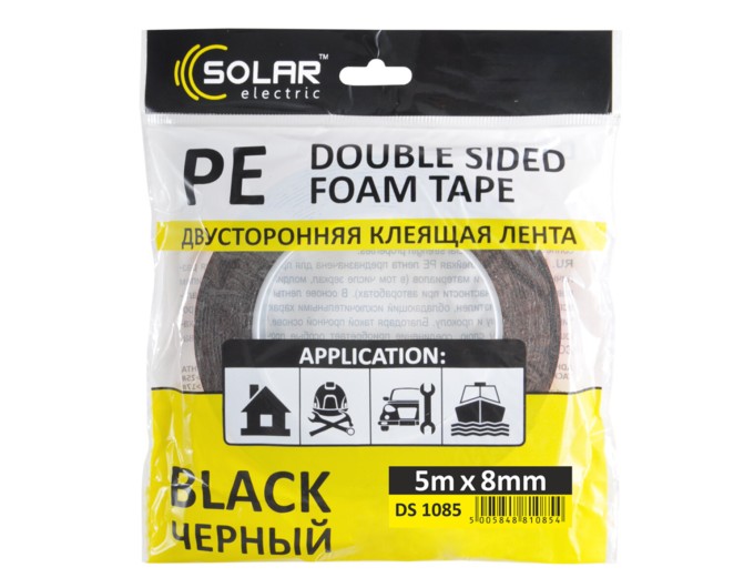 Лента клейкая двусторонняя Solar, PE, черная, 8ммx5м, цена: 10 грн.