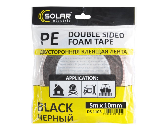 Лента клейкая двусторонняя Solar, PE, черная, 10ммx5м, цена: 14 грн.