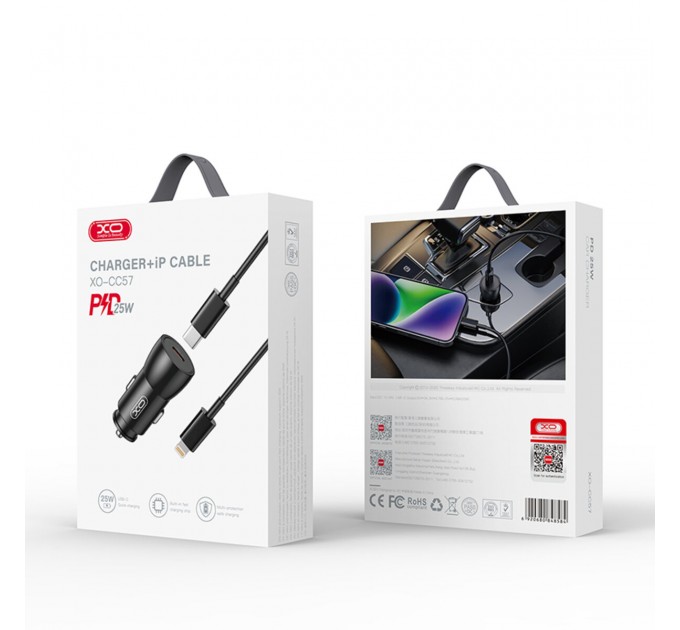 Автомобильное зарядное устройство XO CC57 PD25W Smart Metal Single C Port+ Lightning кабель черный, цена: 179 грн.