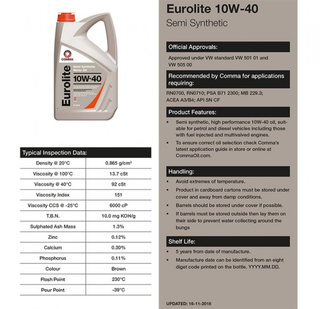Моторное масло Comma EUROLITE 10W-40 2л, цена: 632 грн.