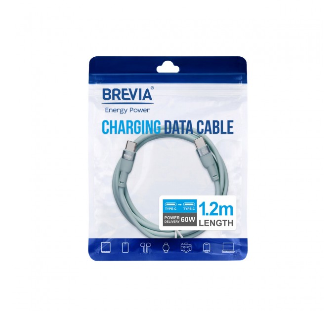 Кабель Brevia Type-C to Type-C 60W 1,2м мятный ZIP, цена: 150 грн.