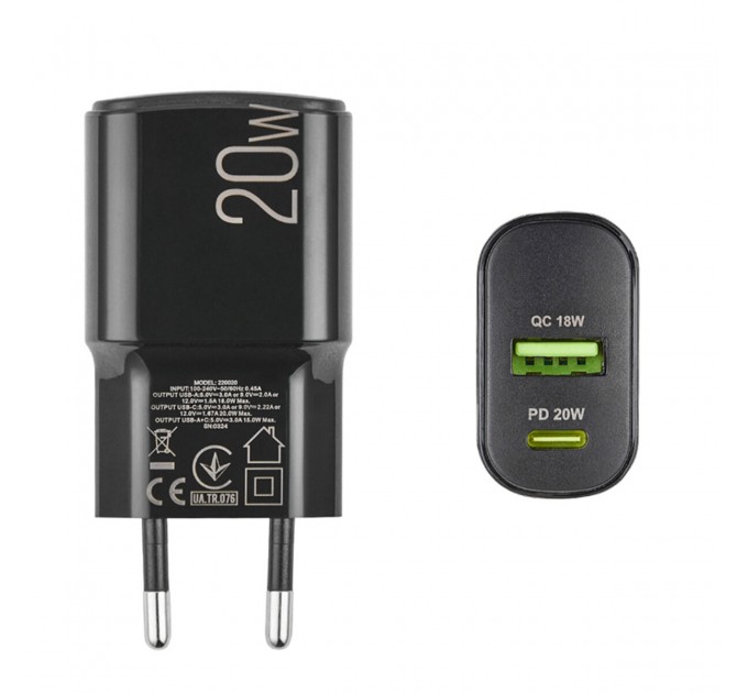 Сетевое зарядное устройство Winso Pro PD20W USB-C+USB-A черный, цена: 368 грн.