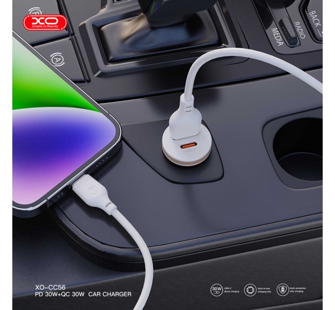 Автомобильное зарядное устройство для XO CC56 Plastic mini 30W+ Lightning кабель белый, цена: 199 грн.