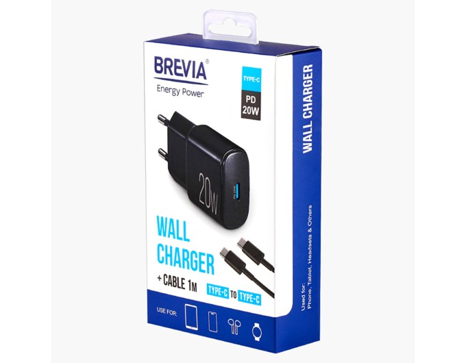 Сетевое зарядное устройство Brevia ePower PD20W + кабель USB-C to USB-C 1м черный, цена: 455 грн.