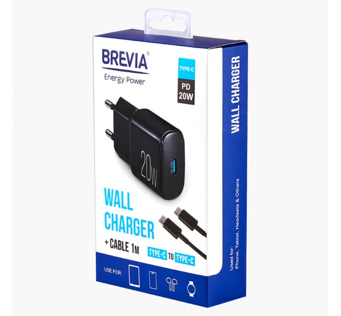 Сетевое зарядное устройство Brevia ePower PD20W + кабель USB-C to USB-C 1м черный, цена: 445 грн.