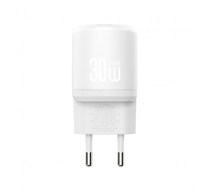 Сетевое зарядное устройство XO L151 30W 1USB-A+1USB-C + Type-C кабель белый, цена: 379 грн.
