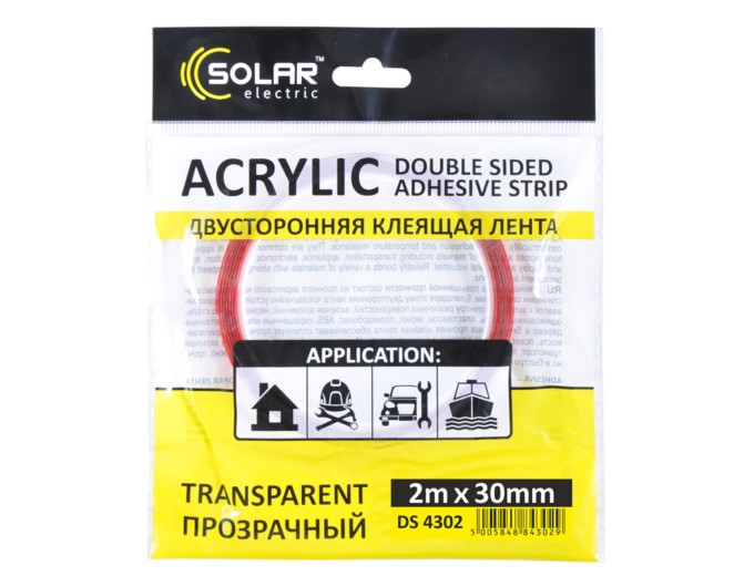 Стрічка клеюча двостороння Solar, ACRYLIC (VHB), прозора, 30ммx2м, ціна: 133 грн.