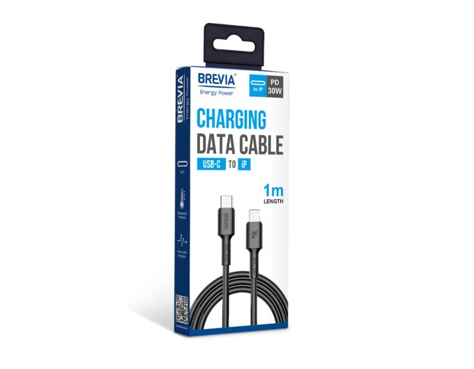 Кабель Brevia Type-C to Lightning 30W 1м, чорний box, ціна: 178 грн.