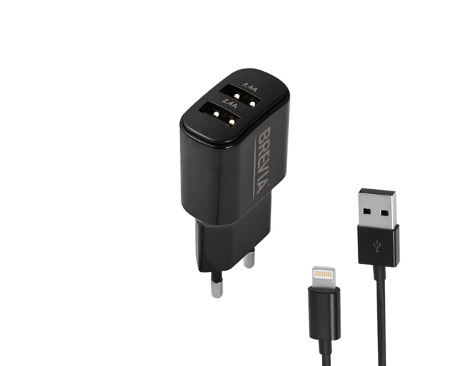 Сетевое зарядное устройство Brevia ePower 12W 2xUSB-A + кабель USB-A to Lightning 1м черный, цена: 326 грн.