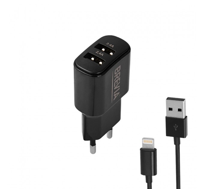 Сетевое зарядное устройство Brevia ePower 12W 2xUSB-A + кабель USB-A to Lightning 1м черный, цена: 319 грн.